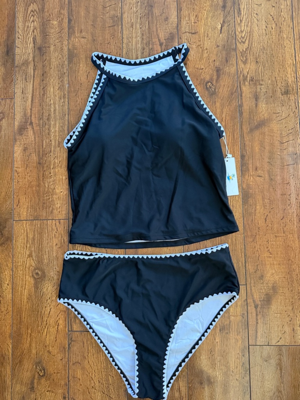 Black High Neck Tankini Bikini Set with White Trim